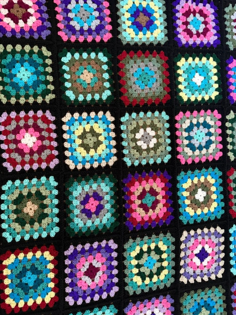 Handmade Vintage Style Black Trim Granny Square Afghan Roseanne Couch Blanket